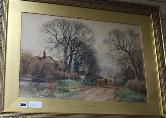 Henry Charles Fox Cattle and drover on a lane 14.5 x 21.5in.